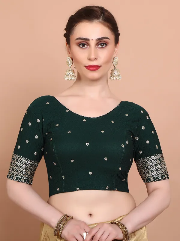 Green lycra strechable embroidered ready made blouse