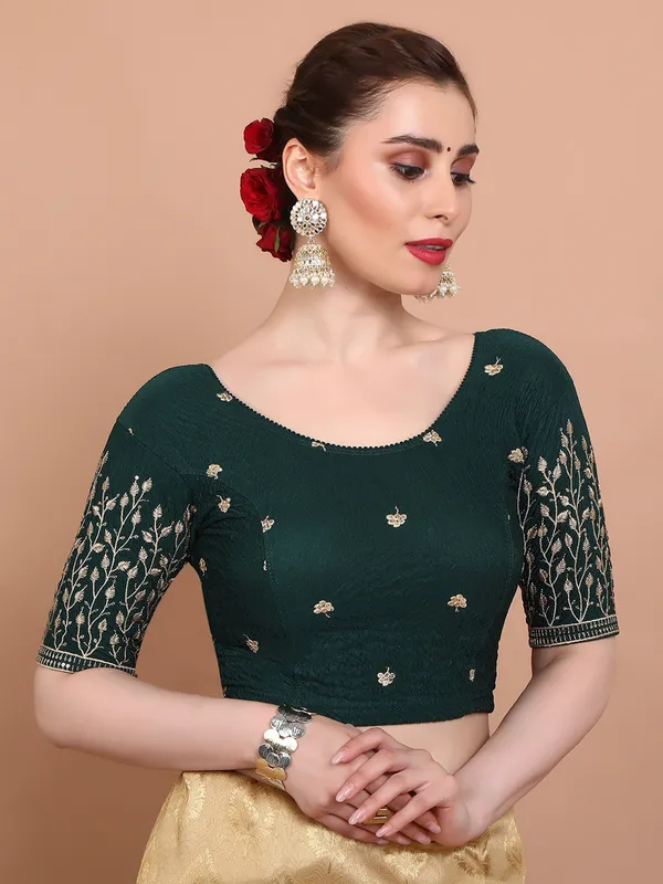 Green lycra strechable embroidered ready made blouse for women