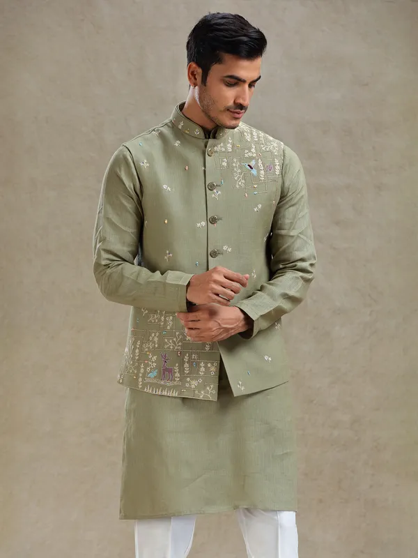 Green mirror worked waistcoat set for wedding