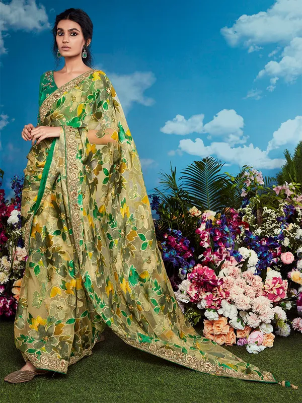 Green printed brasso saree for festive