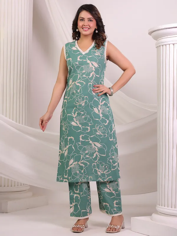 Green printed cotton kurti set for women