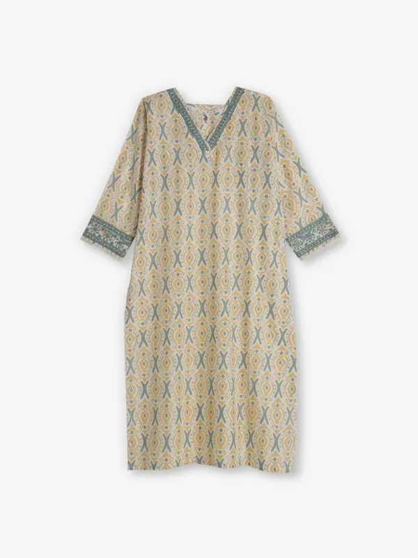 Green printed cotton kurti with thread work