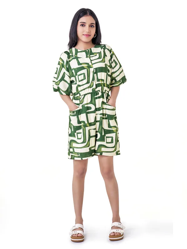 Green printed cotton silk jumpsuit with round Neck