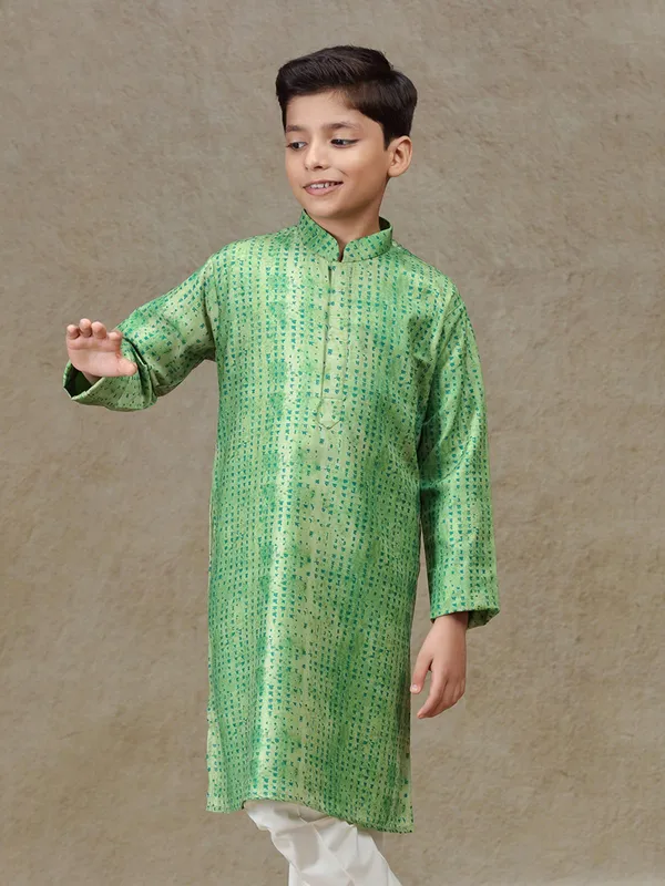 Green printed cotton silk kurta set