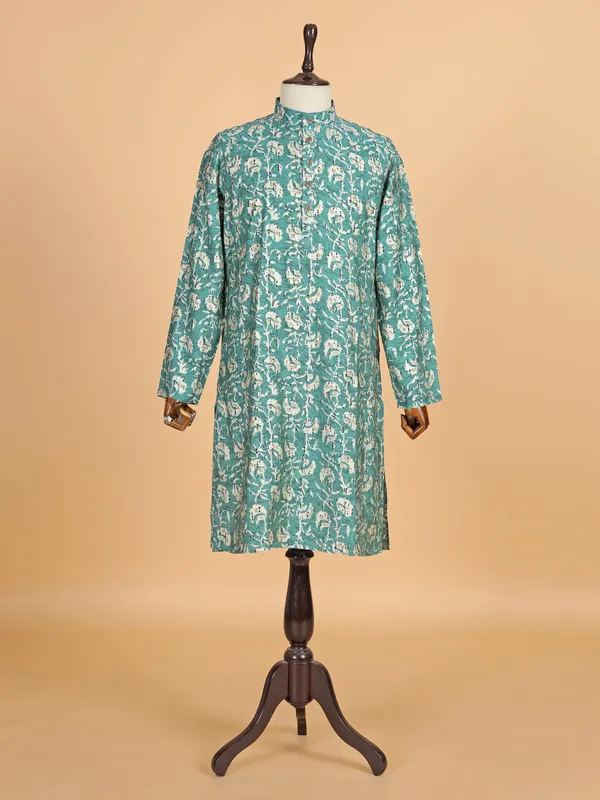Green printed cotton silk kurta suit for festive
