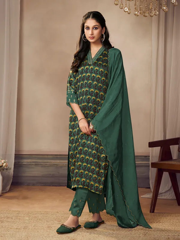 Green printed festive wear silk kurti set