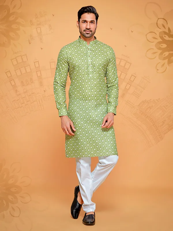 Green printed full sleeve kurta suit for men