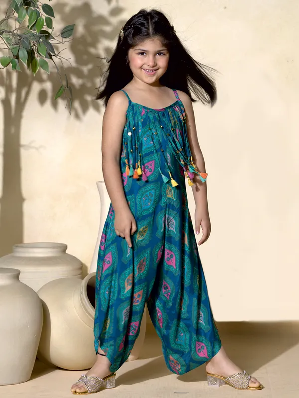Green printed jumpsuit with coin embellishments