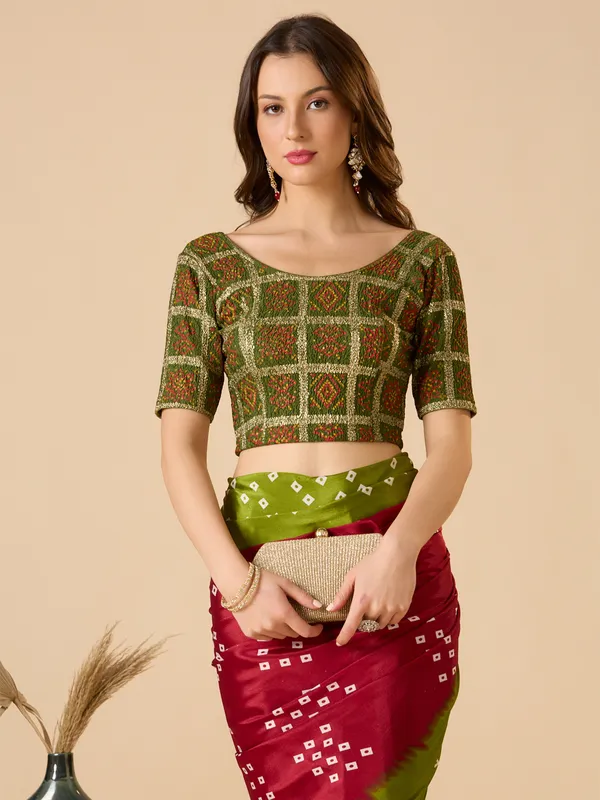 Green printed lycra ready made blouse with round neck
