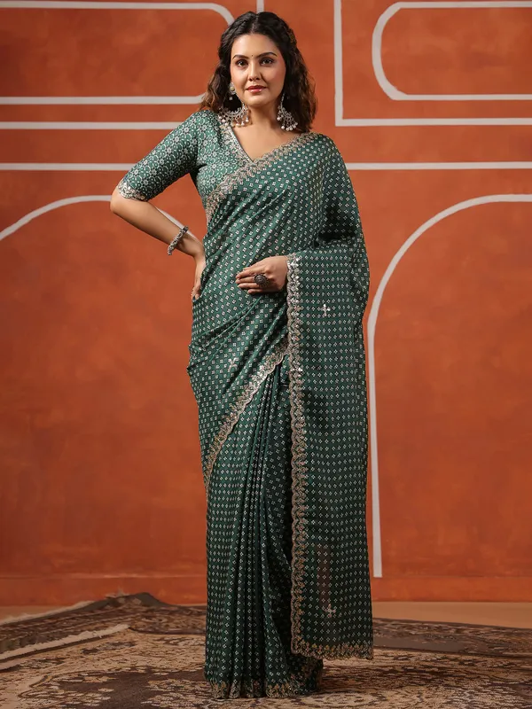 Green printed muslin saree for festive