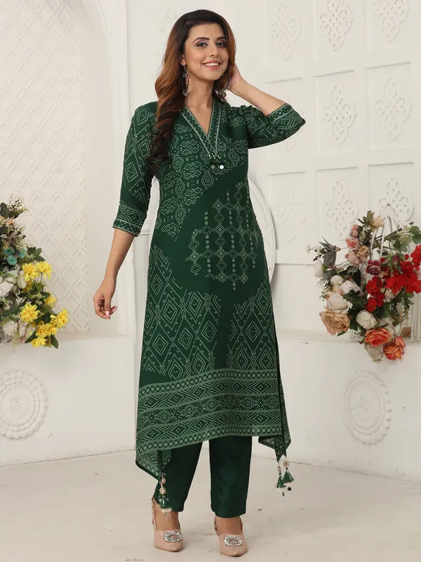 Green printed russian silk kurti set for women