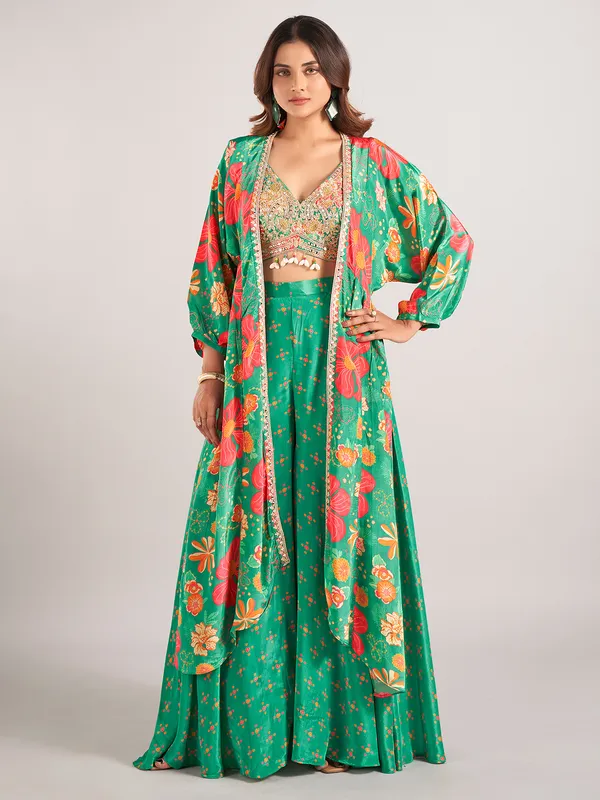 Green printed satin silk palazzo suit for wedding