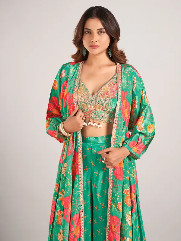 Green printed satin silk palazzo suit for wedding