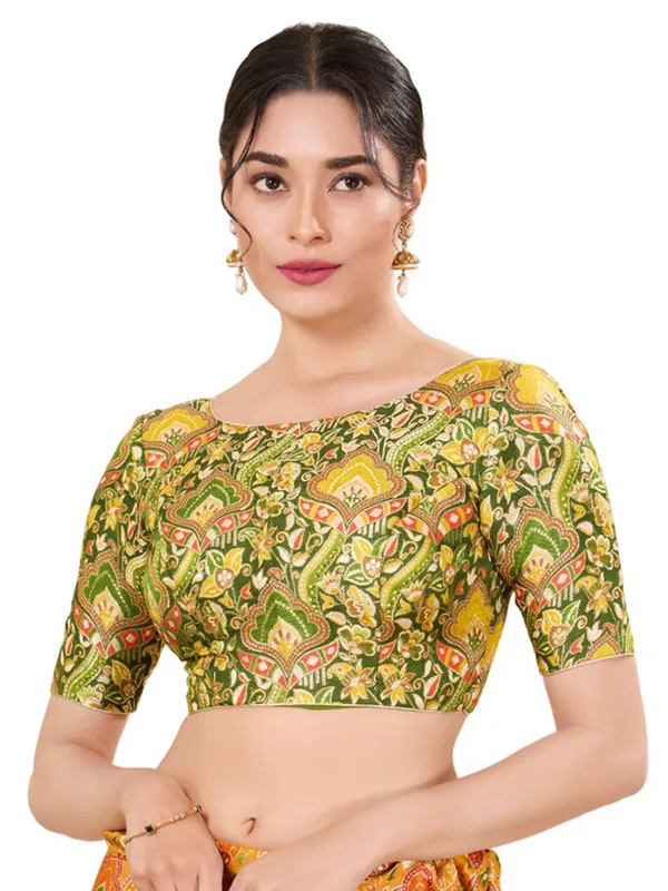 Green printed silk blouse with boat neck