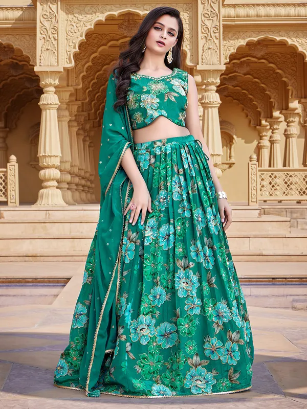 Green printed silk lehenga choli for reception