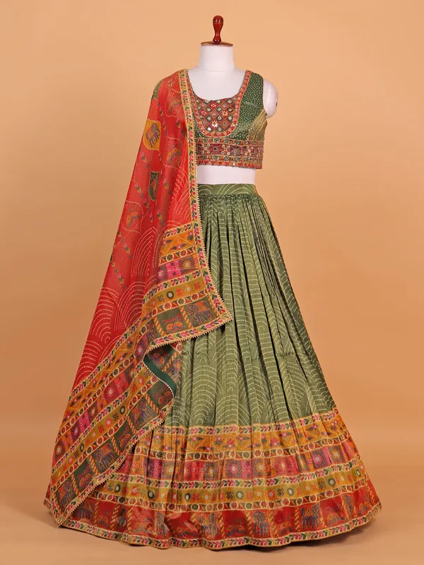 Green printed silk lehenga choli for wedding wear