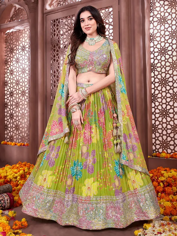 Green printed silk lehenga choli with zari sequins