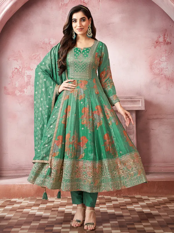 Green printed silk salwar suit for women