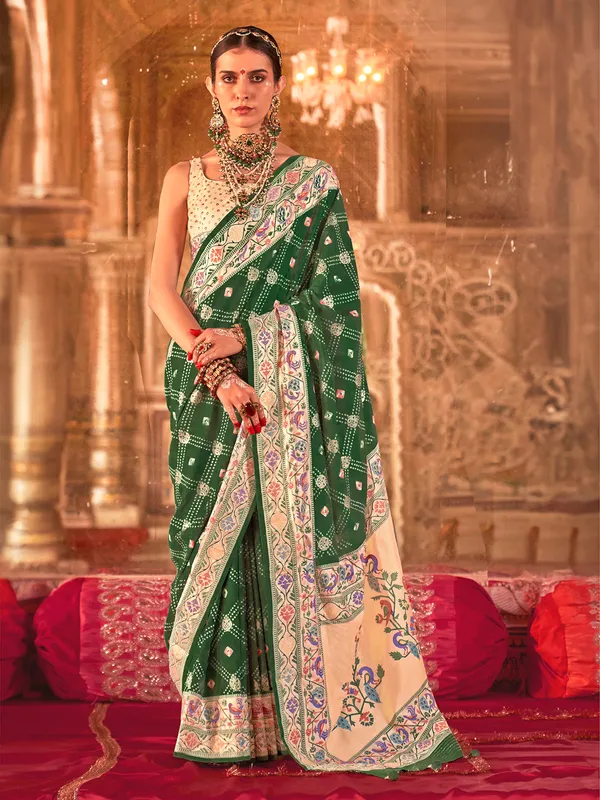 Green printed silk saree with zari work