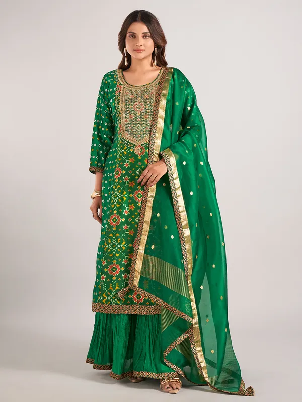 Green printed silk sharara suit for wedding