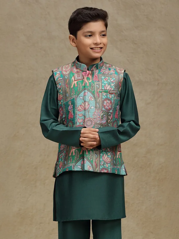 Green printed silk waistcoat set for wedding wear