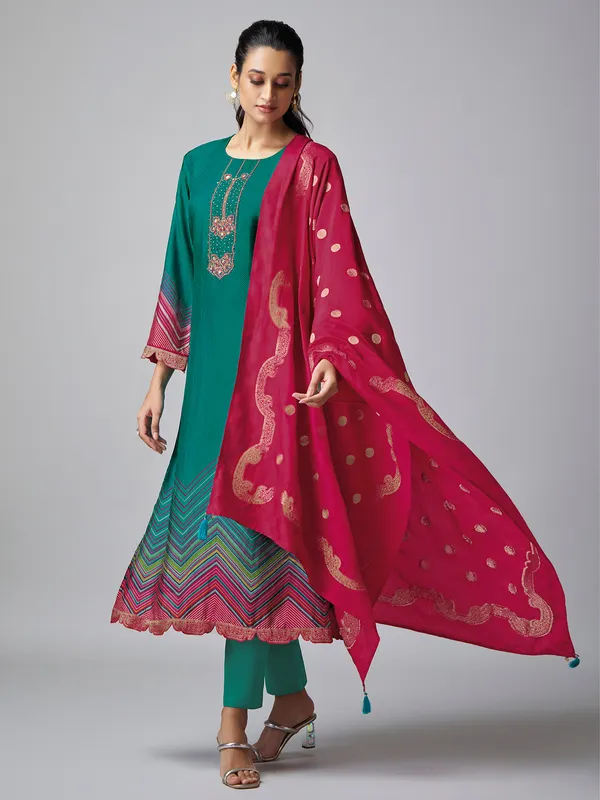 Green printed tusser silk salwar suit