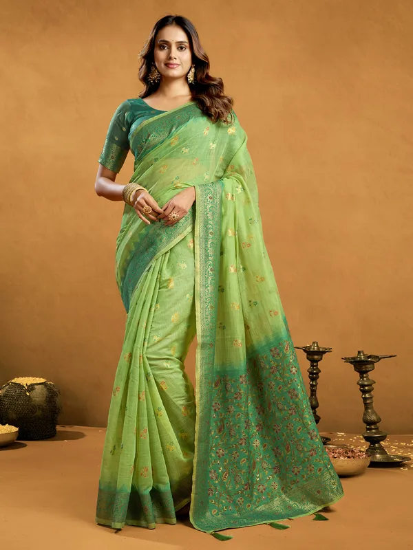 Green semi cotton saree for traditional wear