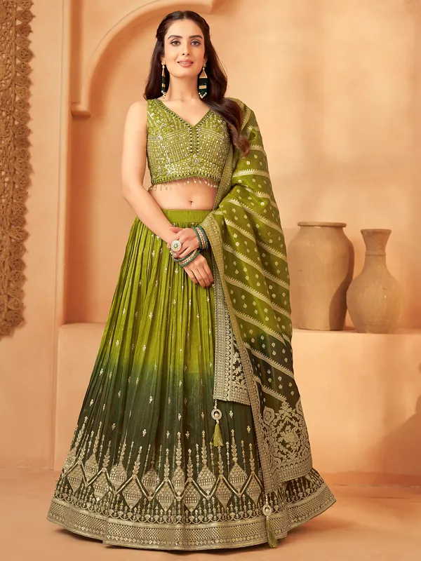 Green shaded silk lehenga choli for women