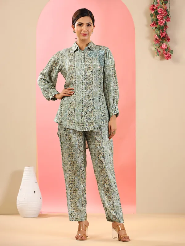 Green shaded silk printed co ord set