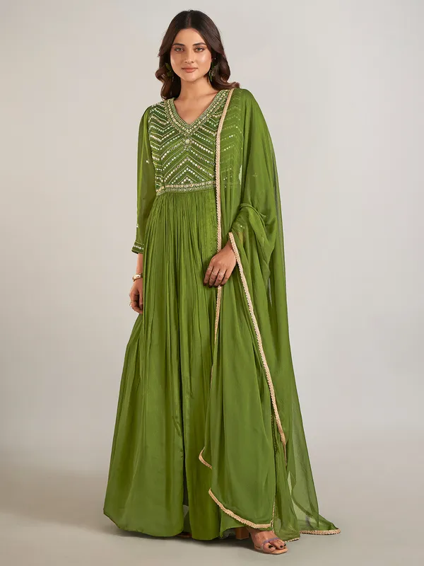 Green silk anarkali suit with dupatta