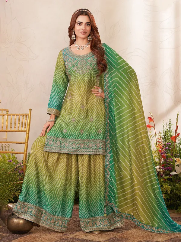 Green silk bandhani printed palazzo suit