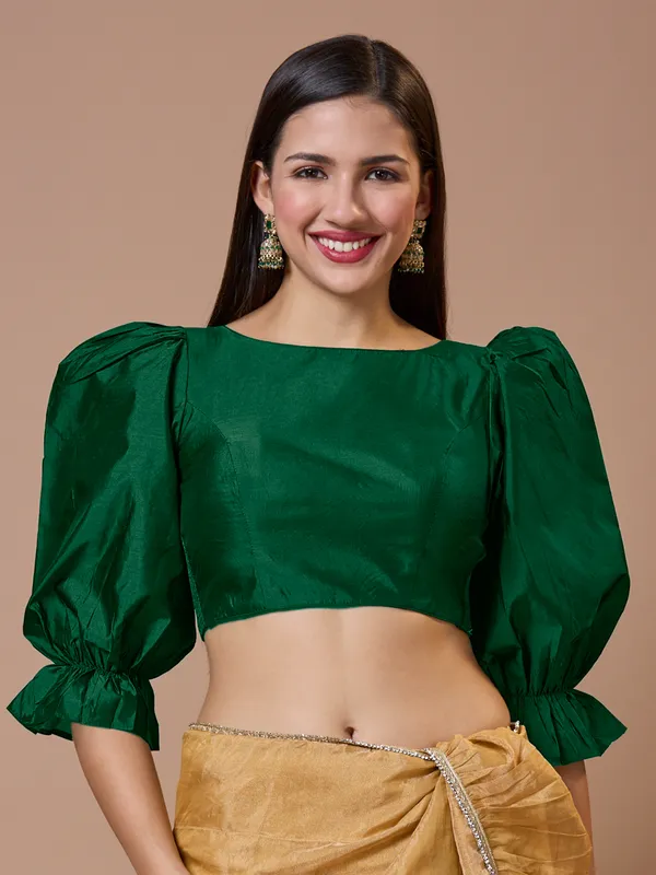 Green silk boat neck comfort fit ready made blouse