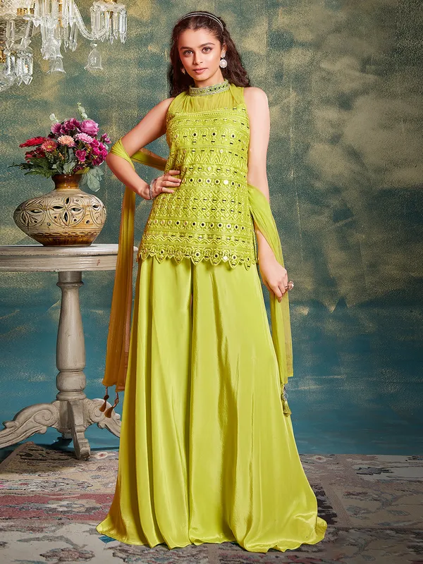 Green silk embroidery palazzo set