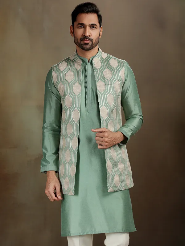 Green silk gota embroidered waistcoat set
