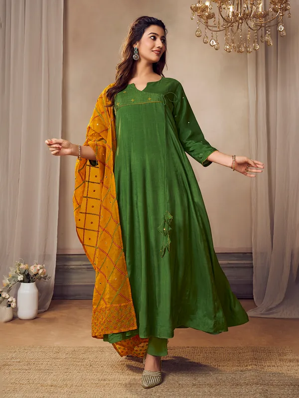 Green silk kurti set with thread work
