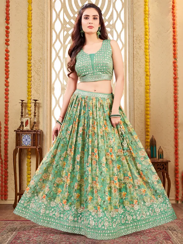 Green silk lehenga choli with printed
