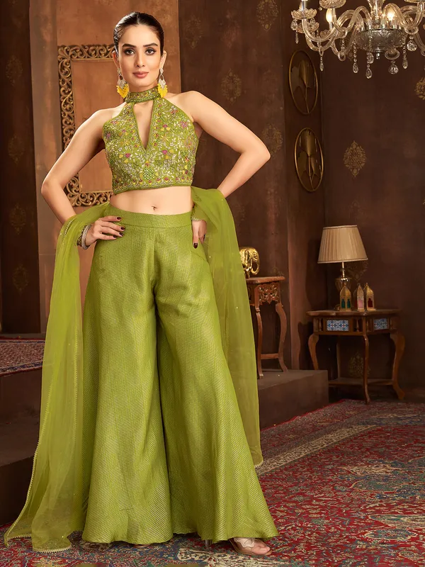 Green silk palazo suit with zari work