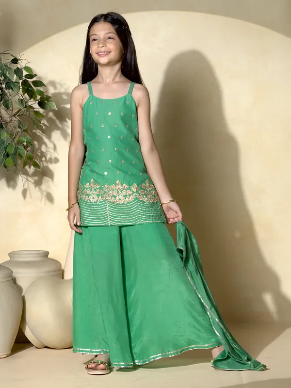 Green silk palazzo suit with dupatta for girls