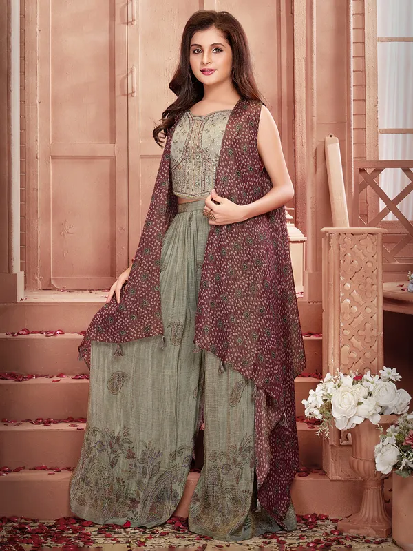 Green silk palazzo suit with printed shrug