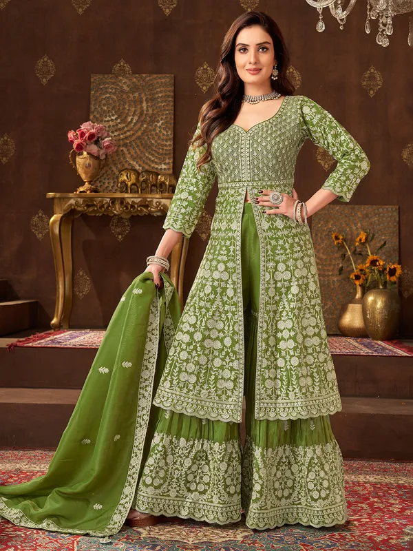 Green silk palazzo suit with resham work
