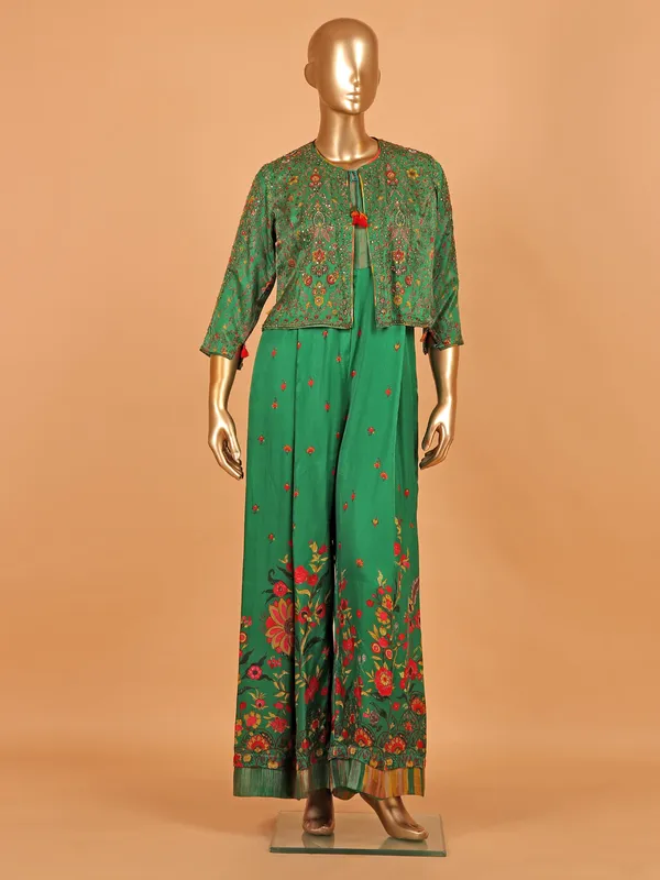 Green silk printed jacket style palazzo suit
