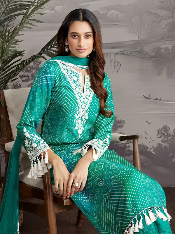 Green silk printed salwar suit for festive