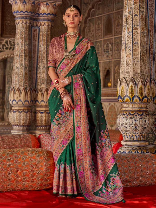 Green silk printed zari worked zari