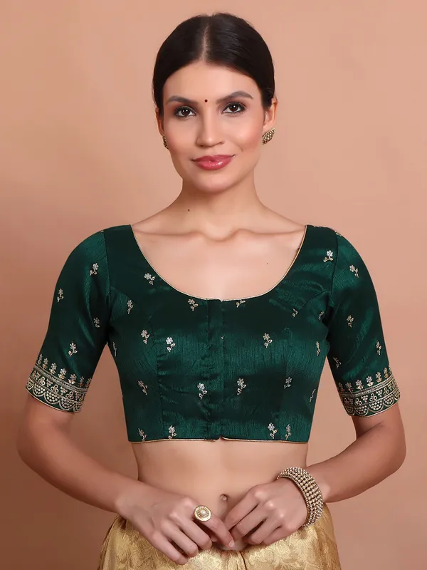 Green silk round neck blouse with sequin work