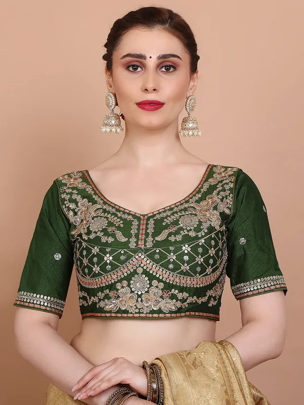 Green silk round neck embroidered ready made blouse