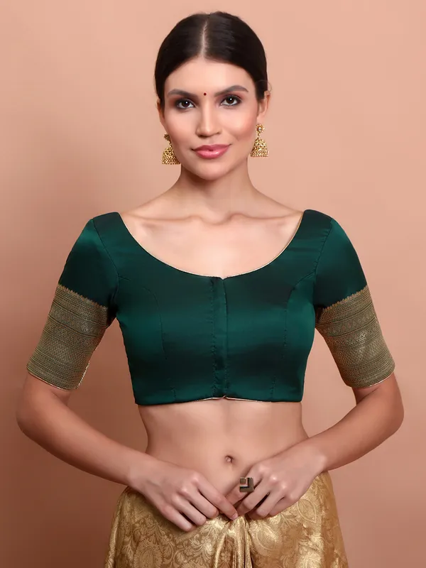 Green silk round neck ready made blouse with zari work