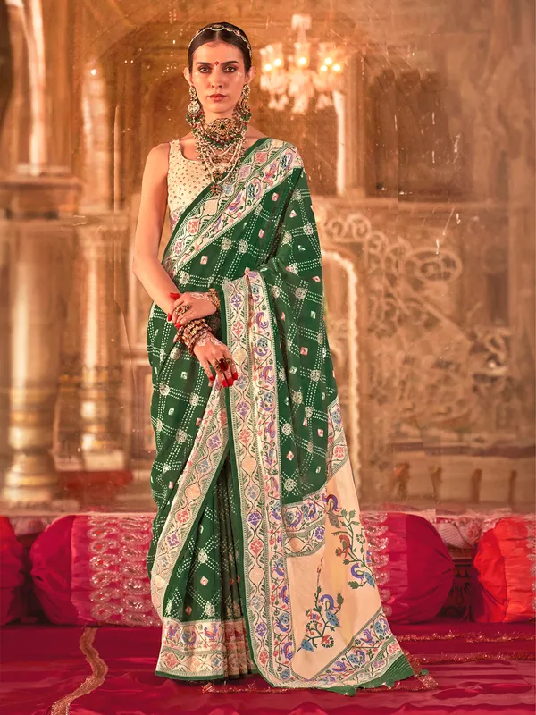 Green silk saree with zari and digital print