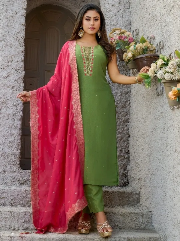 Green silk straight cut wedding salwar suit