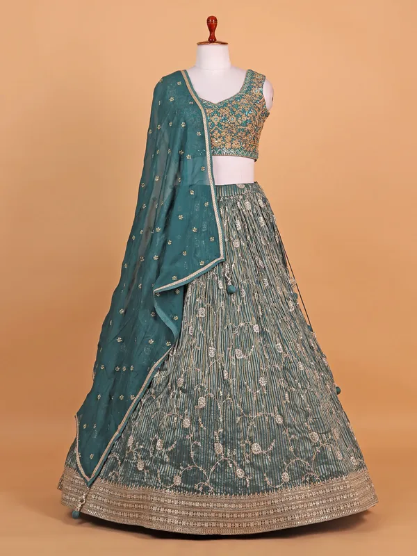 Green silk striped lehenga choli for women