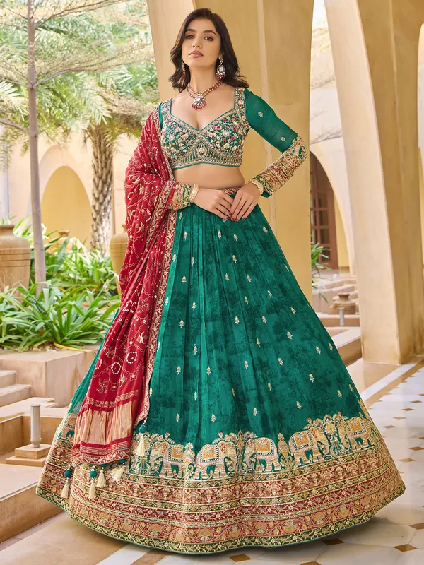 Green silk wedding lehenga choli with print